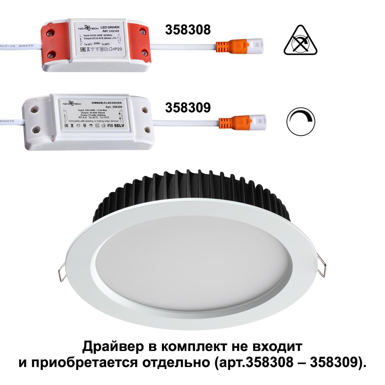 Светильник встраиваемый (драйвер в комплект не входит) NOVOTECH SPOT DRUM белый LED 20W 3000К
